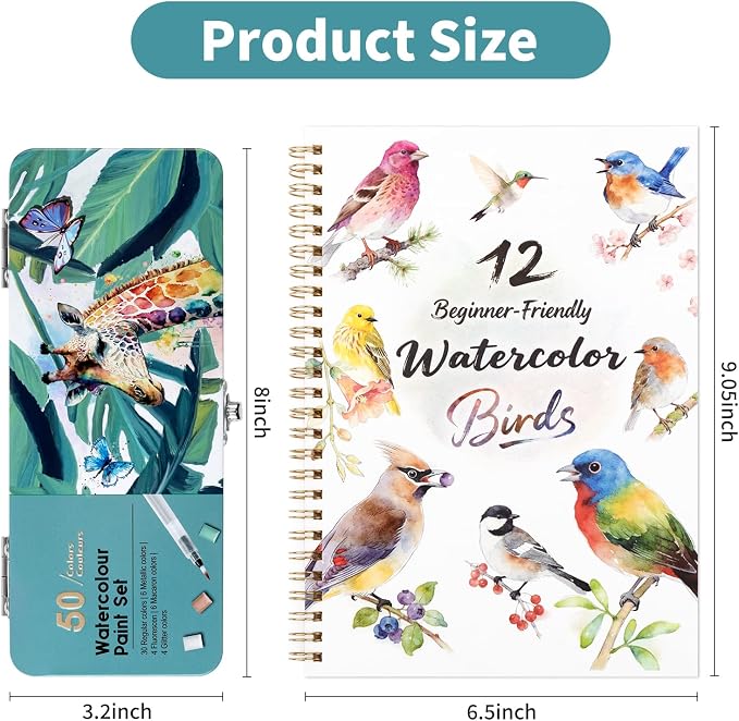 Watercolor Workbook with 12 Bird Patterns, 50 Colors Watercolor Paint Set | Water Coloring Book, Beginner-Friendly Watercolor Workbooks for Creative Exploration Gift for Adults
