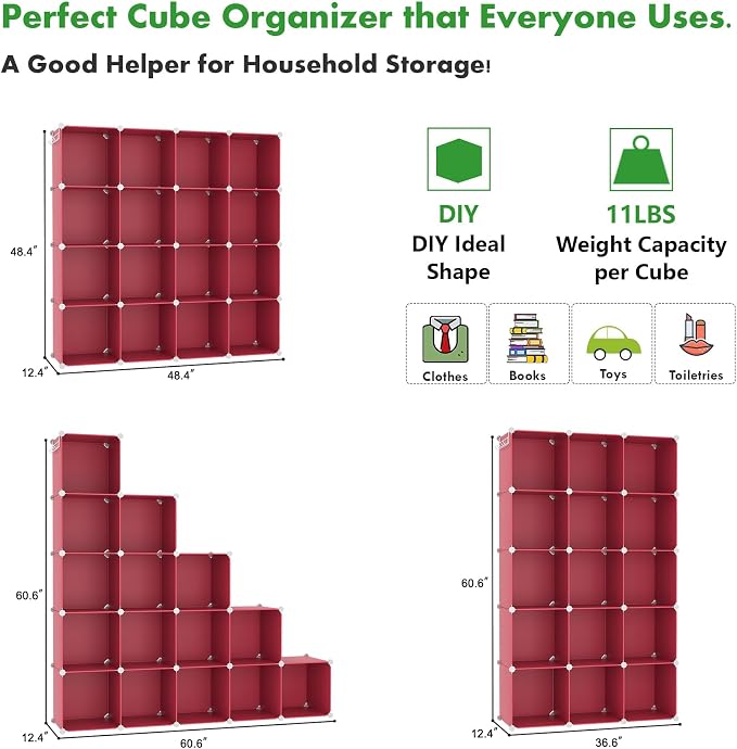 C&AHOME 16 Cube Storage Organizer Cube Shelves Units Storage Cubes, Red
