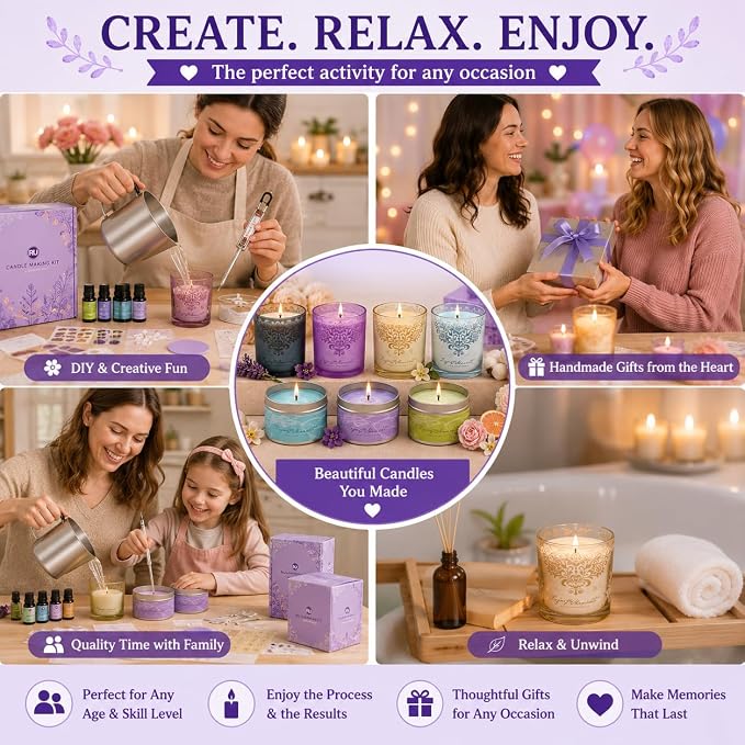 RU HANDMADE DIY Candle Making Kit for Adults – Soy Wax Candle Kit for Beginners, Make 7 Full-Size Candles with 7 Gift Boxes, 1120g Wax, 7×10ml Fragrance Oils, 4 Glass 7oz Jars & 3 Tins