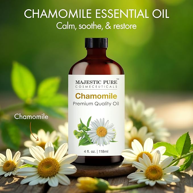 Majestic Pure Essential Oil with Glass Dropper - 100% Pure and Natural - Essential Oils for Diffuser, Aromatherapy, Soap and Candle Making, Chamomile Essential Oil, Chamomile Oil, 4 Fl Oz (Pack of 2)