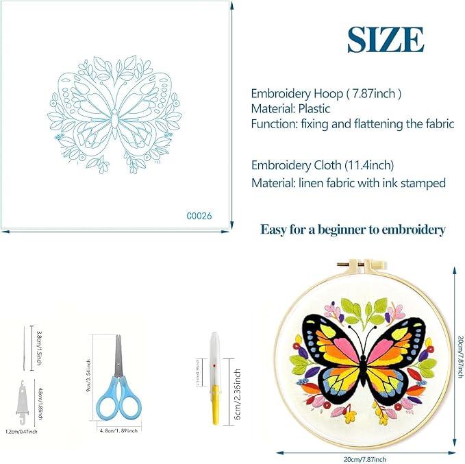 Zhenqing Butterfly Embroidery Kit 11.4x11.4 Inch - Complete Embroidery Set with Fabric, Threads, Needles & Hoop - Beginner-Friendly DIY Craft Kit for Adults (C0041)