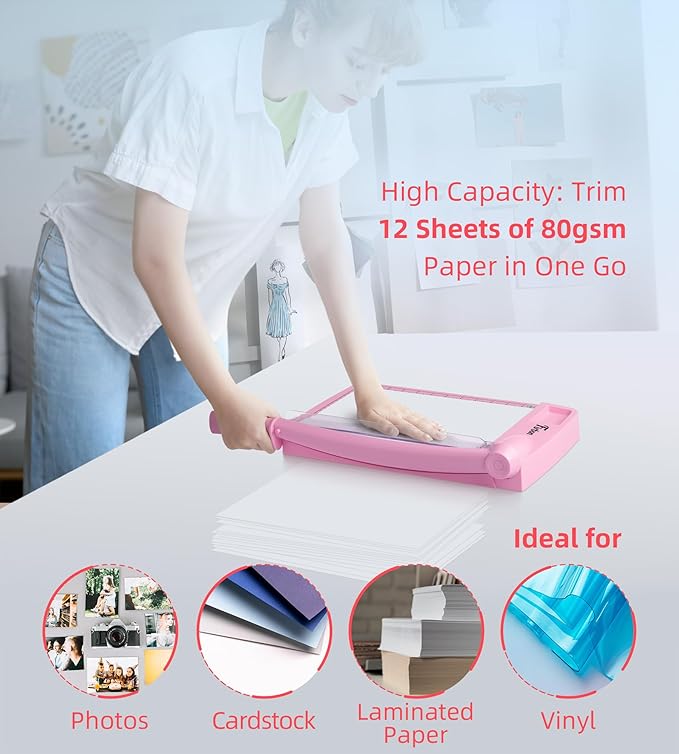 Firbon 12 Inch Guillotine Paper Cutter, Heavy Duty Paper Trimmer, Pink | 12-Sheet Capacity | Dual Scales | Paper, Cardstock & Photo Trimming | Scrapbooking Crafts | Office, Home & Studio Use