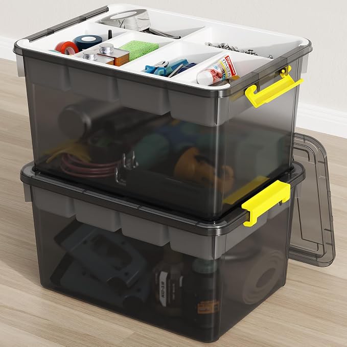 80Qt Stackable Storage Bins with Lids Trays Craft Box Organizers, 2Pack, GY