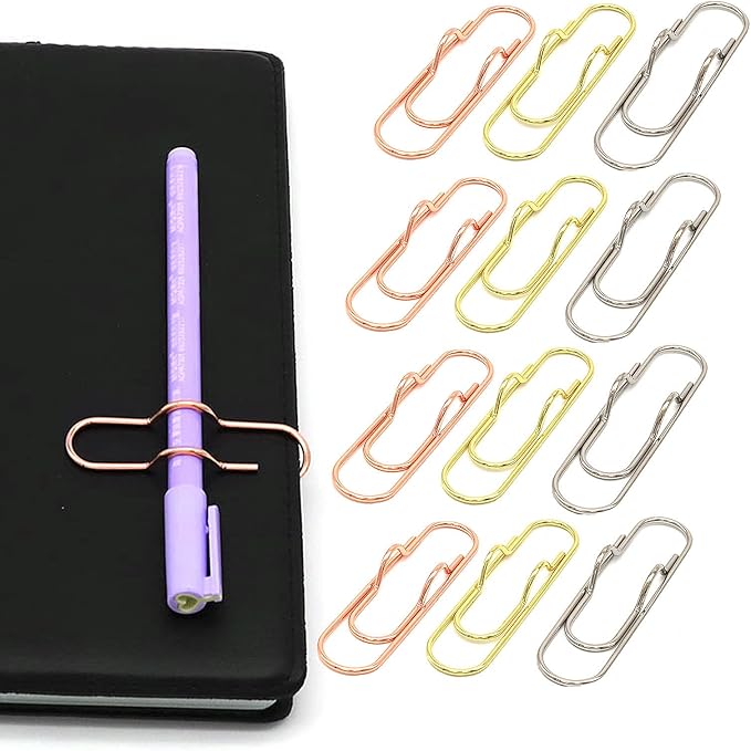12-Pack Metal Pen Clips, Paperclip Pen Holders for Notebook | Metal Pen Clips for Notebooks, Secure Pen Holder for Planners and Journals, Fits Pens Under 0.5 Inch Thick