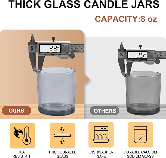 SHOWIN 8 OZ Thick Candle Jars for Making Candles 15 Pcs, Gray Empty Jars with Wood Lids for Candle Making, Sample Container,Clear Gray