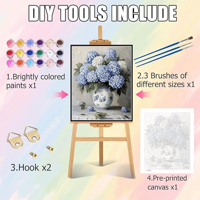 Paint by Numbers Kit for Adults, Blue Hydrangea Paint by Numbers Kits | Easy Beautiful Flowers Adult Paint by Number Kits on Canvas, DIY Acrylic Oil Painting by Numbers for Home Decor 16X20 inch