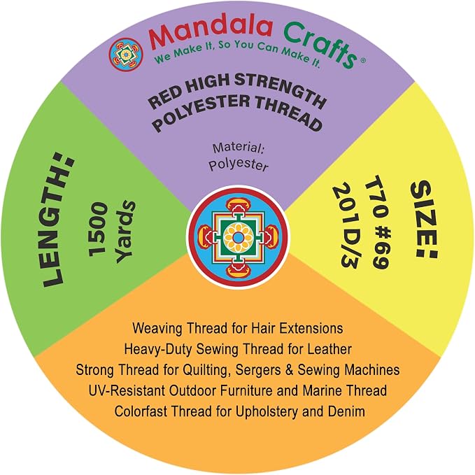 Mandala Crafts Red Tex 70 Polyester Heavy Duty Thread for Upholstery | 1500 Yds T70 UV Resistant Strong Thread for Leather Sewing, Marine, Drapery, Jeans, Hair Weaving & Extension, Outdoor