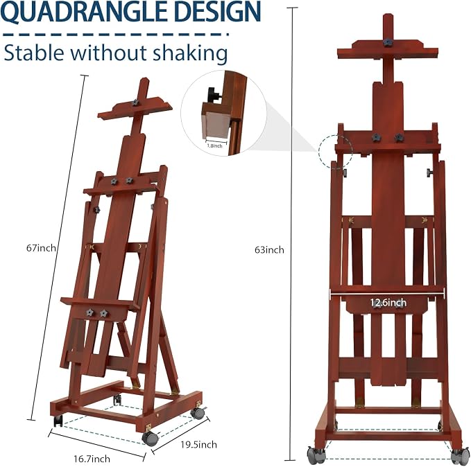 H-Frame Foldable Easel, Adjustable Height & Angle (Vertical to Horizontal), Removable Floor Art Easel for Adults, Holds Two Canvases Up to 77 Inches, Walnut Finish