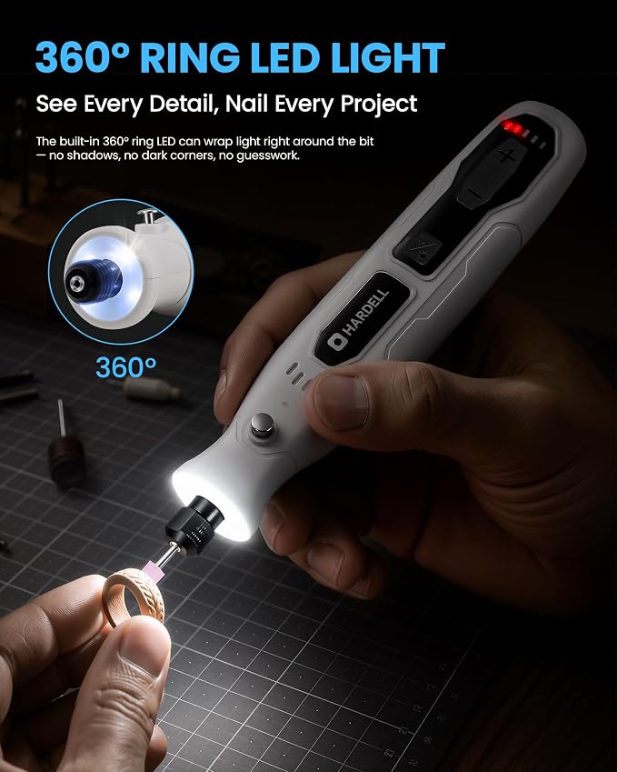 HARDELL Cordless Rotary Tool kit, 5-Speed 70pc Kit for Sanding & Engraving | 5000-18000RPM, LED Light, USB-C Fast Charge, Stall-Free Torque, for Polishing Jewelry, Resin, Wood, Plastic & DIY Crafts