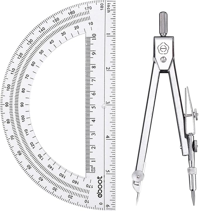 EBOOT Drawing Compass and 6 in Protractor Geometry Set, Clear | Geometry Math Set, Swing Arm Protractor Ruler Compass, Geometry Drawing Tools for Measuring Angles
