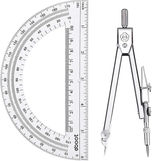 EBOOT Drawing Compass and 6 in Protractor Geometry Set, Clear | Geometry Math Set, Swing Arm Protractor Ruler Compass, Geometry Drawing Tools for Measuring Angles