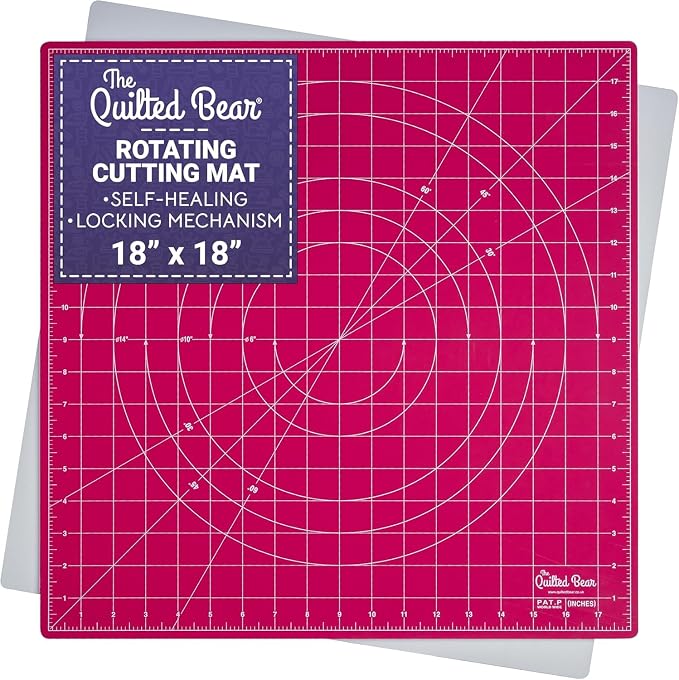 The Quilted Bear Rotating Cutting Mat 18" x 18" - Square 360° Rotating Self Healing Mat with Innovative Locking Mechanism for Quilting & Sewing Your Choice of Colours Available! (Pink)