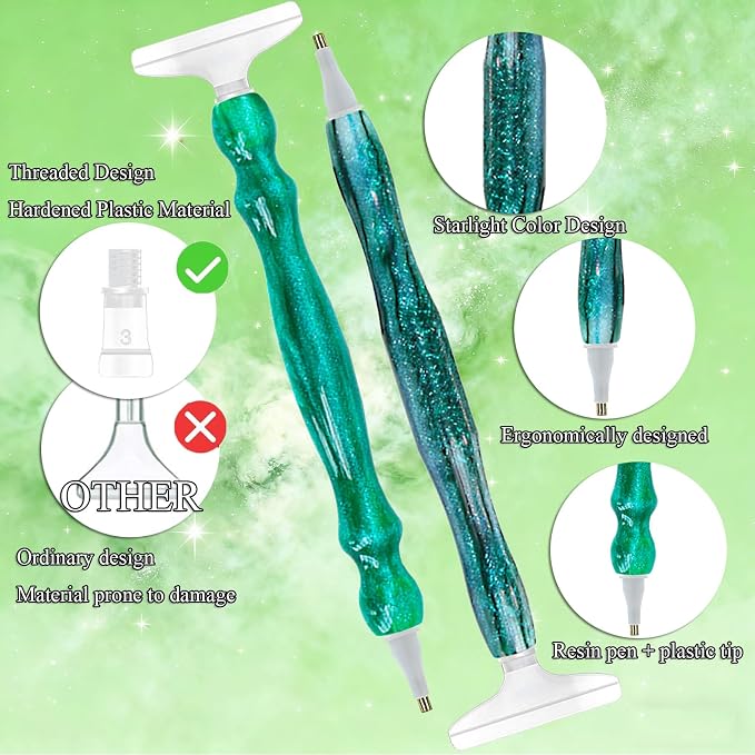 ZYNYXY 16PCS Ergonomic Diamond Art Pens Kits, Resin Diamond Painting Pen with Multifunctional Plastic Screw Thread Tips for 5D Diamond Painting (Starry Green B)