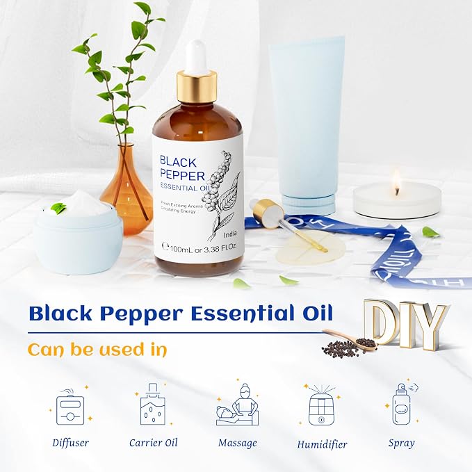 HIQILI Black Pepper Essential Oil for Aromatherapy, Diffuser & Massage