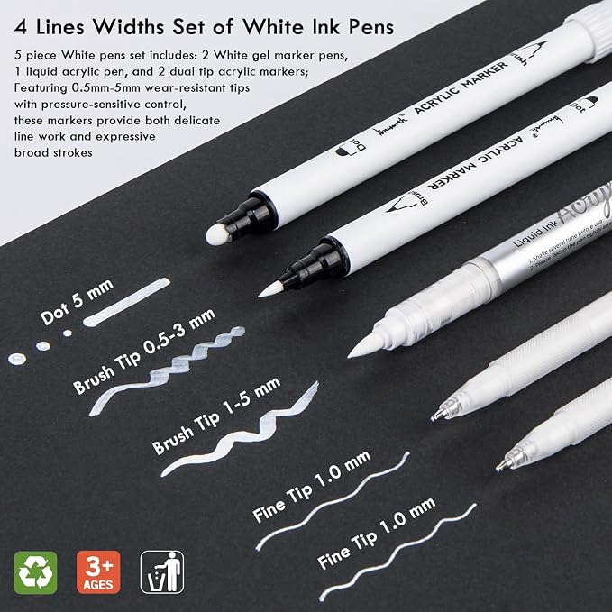 Brusarth White Pens Set, White Gel Pens, Dual-Tip Acrylic Paint Pen | Brush Tip Acrylic Markers Pens for Black Paper Drawing, Sketching, Illustration, Card Making, Bullet Journaling