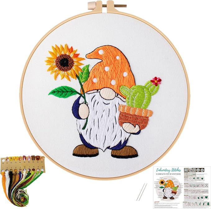 Nuberlic Embroidery Kit for Beginners Adults with Gnome Pattern | Adults Starter Cross Stitch Kit DIY Needlepoint with Hoop, Pre-Printed Fabric, Threads & Step-by-Step Guide