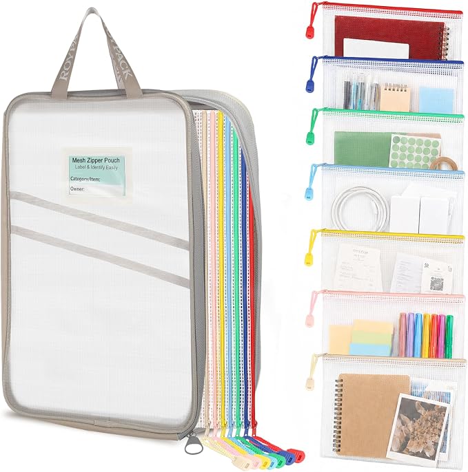 7 Pack PVC Mesh Zipper Pouch Set with 1 Organizer Bag, 8pcs