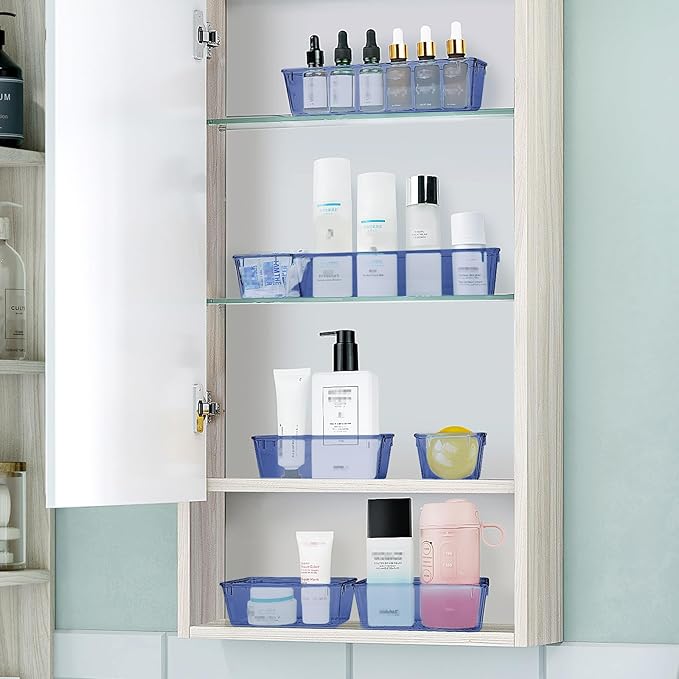 25 PCS Plastic Drawer Organizer Set, Makeup Organizers and Storage Bins | 4 Sizes Desk Drawer Divider Organizers and Storage Bins for Jewelry, Gadgets for Kitchen, Bedroom, Bathroom, Clear Dark Blue