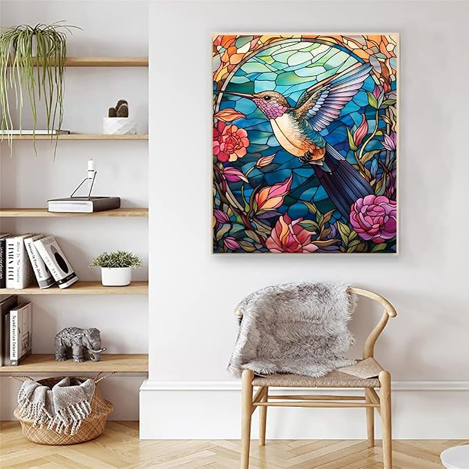 Artunion Hummingbird Paint by Numbers Kit for Adults,Stained Glass Paint by Number Kits, DIY Oil Painting Paint by Number Kits on Canvas Arts Craft for Home Wall Decor 16x20 Inch