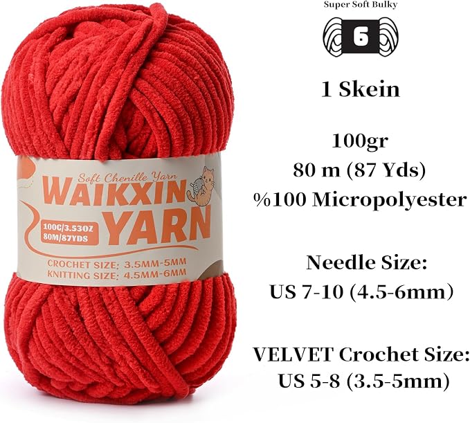 （Red） Super Soft Fuzzy Chenille Chunky Yarn for Crocheting, 100g (87yds) Fluffy Velvet Yarn for Hand Knitting Baby Blankets Weaving Craft