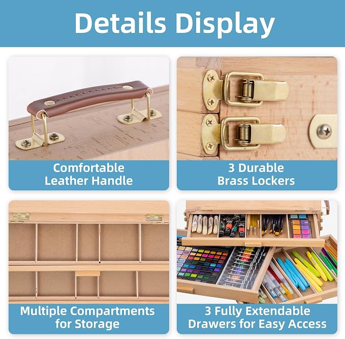 Portable Beechwood Table Easel with 3 Storage Drawers | Desktop Sketch Box Art Easel, Adjustable Tabletop Painting Stand for Teens and Adults
