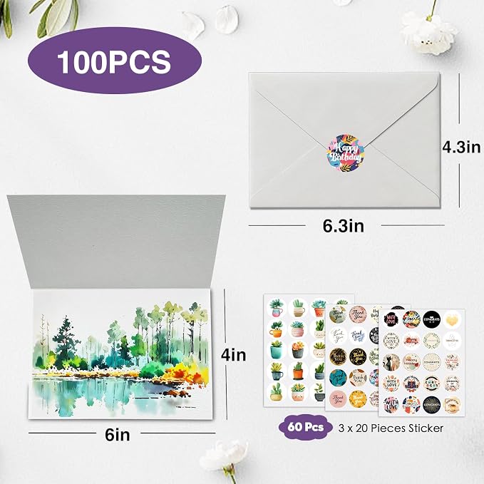 50 Pack Foldable Blank Watercolor Cards with Envelopes 4 x 6 Inch