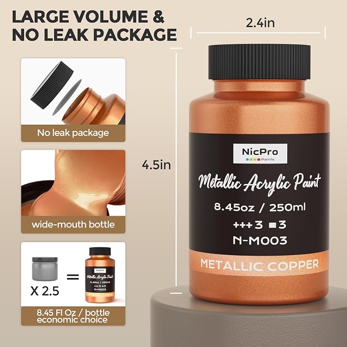Nicpro Metallic Copper Acrylic Paint, 8.45oz/250ml Large Copper Leaf Paint | Non Toxic, Non Fading Craft Paints for Metal, Wood, Clay, Fabric, Canvas, Furniture, Handcrafts, Art Supplies