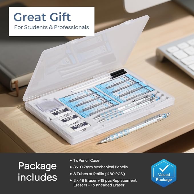 Nicpro Blocky Gear Mechanical Pencils 0.7 mm with Case, 3 Pack