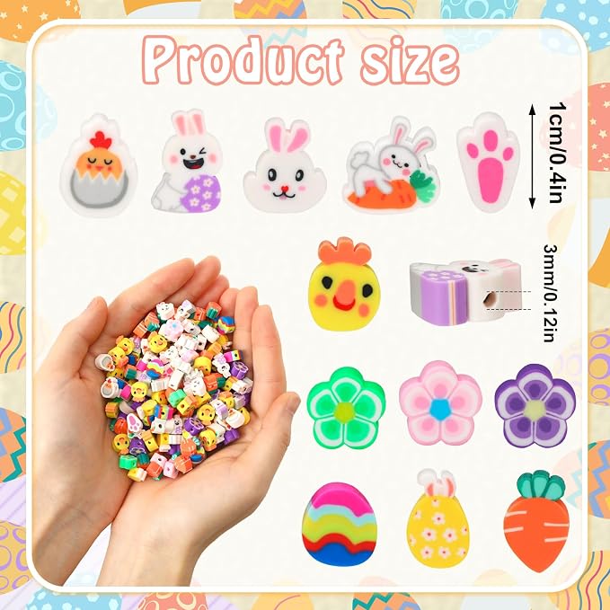 Augshy 300pcs Easter Polymer Clay Beads: Bunny, Chick, Egg, Carrot, Flower Shapes - Round, Assorted Easter Colors for Bracelet, Necklace, Jewelry Making
