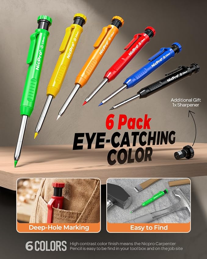 Nicpro Carpenter Pencil with Sharpener, 12Pcs Construction Pencil+52 Refill