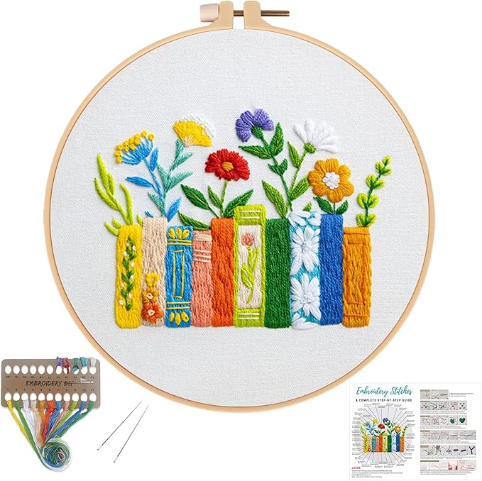 Louise Maelys Floral Books Embroidery Kit for Beginners DIY Needlework | Decorate Reading Spaces with Cross Stitch Kits. Complete Needlepoint Kit for Adults to Enjoy Creative Crafts and Gifts
