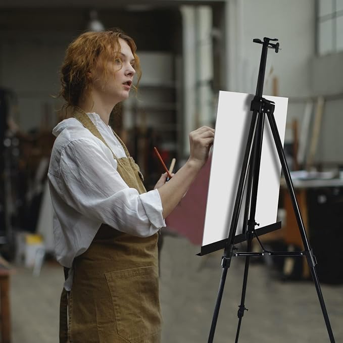 RRFTOK 72 in Art Easel Stand, Adjustable Metal Tripod, Dual-Layer | Dual-layer supports canvas or signs at two heights; adjusts up to 72 in with spring clip and reinforced chain for stability.