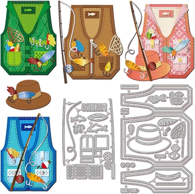 GLOBLELAND Fishing Vest Hat Cutting Dies for Card Making Fishing Rod Cut Die for DIY Scrapbooking Journal Embossing Paper Craft Decor