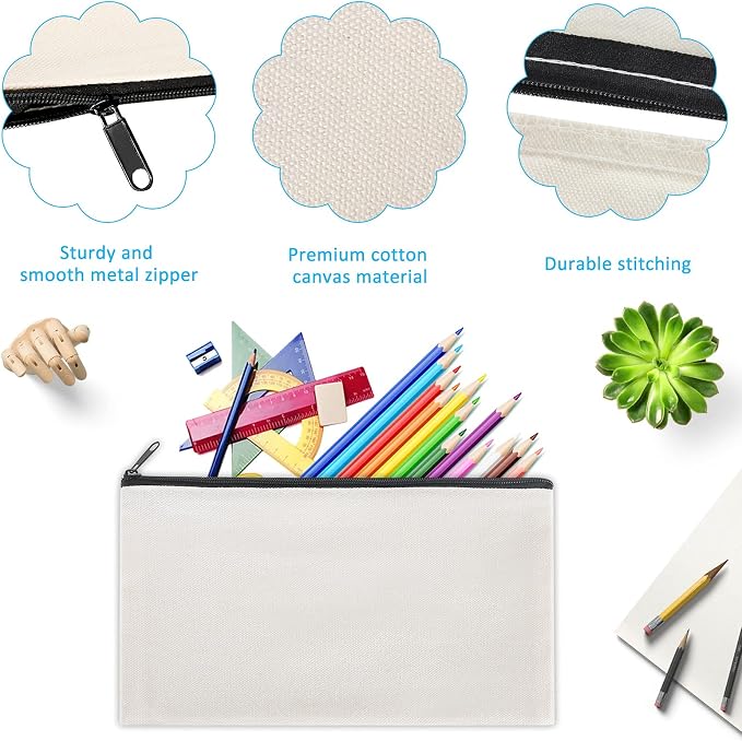 12 Pieces Cotton Canvas Makeup Bag, Multipurpose Cosmetic Bag with Zipper Travel Toiletry Pouch, Blank DIY Craft Bag (Grey, S)