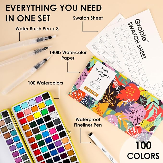 Grabie Set of 100 Color Premium Watercolor Paint Set with Brush Pens | Brush Pens And Paper Pad Included, Waterproof Fineliner, Portable Art Kit, High Pigment Paints, Smooth Color Blending