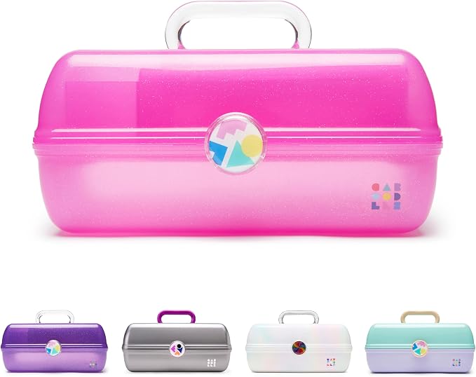 Caboodles On-The-Go Girl Makeup Box, Hot Pink Sparkle, Hard Plastic Makeup Organizer Box, Built-In Mirror, Secure Latch for Safe Travel, Spacious Storage for Large Items