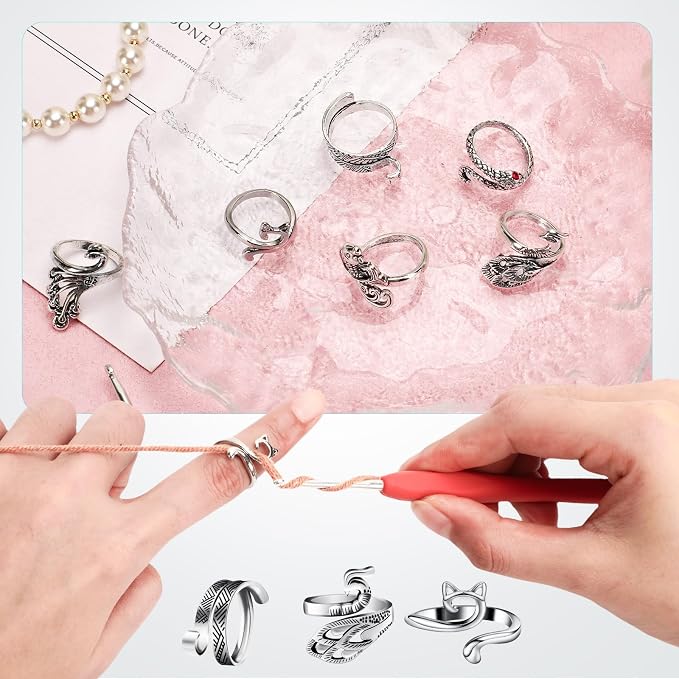 6Pcs Knitting Crochet Tension Ring for Fingers with Box | Metal Open Crochet Ring, Adjusts for Finger Tension, Speeds Up Braided Knitting Work, Ideal Gifts for Mom Grandma Crocheters