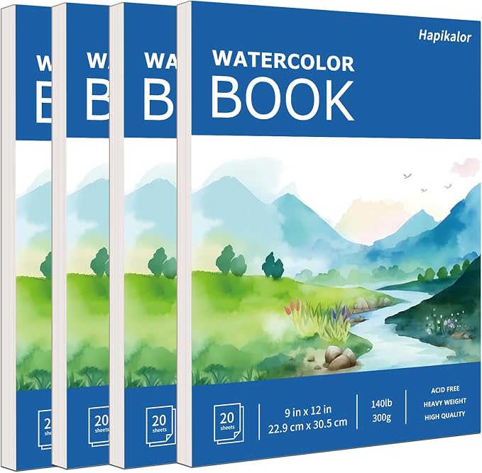 Hapikalor 4-Pack 9"x12" Watercolor Paper, 140lb/300g Water Color Paper Blue | Artist Painting Drawing Paper Book, Art Supplies for Adults Kids, Watercolors, Watercolor Paint Set, Sketchbook, Journal