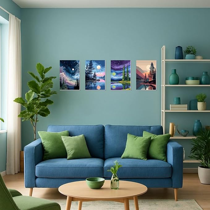 4 Pack Framed Paint By Numbers Kit for Adults Beginner Starry Night Adult Paint By Number Kits on Canvas Landscape Painting By Numbers for Adults with Frame Diy Painting Kits for Home Wall Art 8x12 In