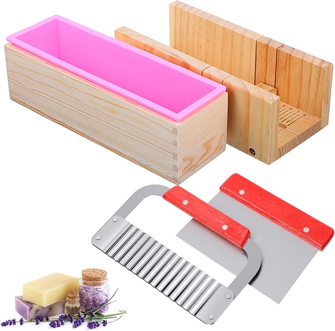 Soap Making Kit, Wooden Cutting Box and Inner Box with Silicone Mold, Stainless Steel Straight Cutter and Wavy Cutter for DIY Soap Making