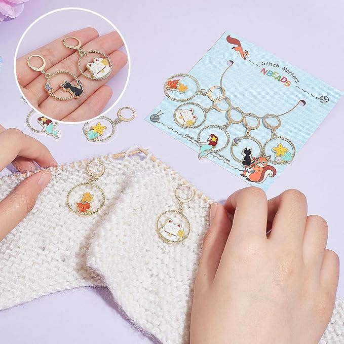 NBEADS 20 Pcs Round Ring Animal Stitch Markers, Alloy Enamel Crochet Stitch Markers 304 Stainless Steel Clasp Locking Charm for Knitting, Weaving, Sewing, Jewelry Making