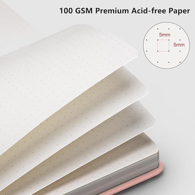 RETTACY Dotted Journal Notebook, 192 Pages, A5 Medium Size (5.7'' x 8.3'') | Leather Hardcover, 100 GSM Thick Paper, for Journaling, Planning, Tracking (Pink)