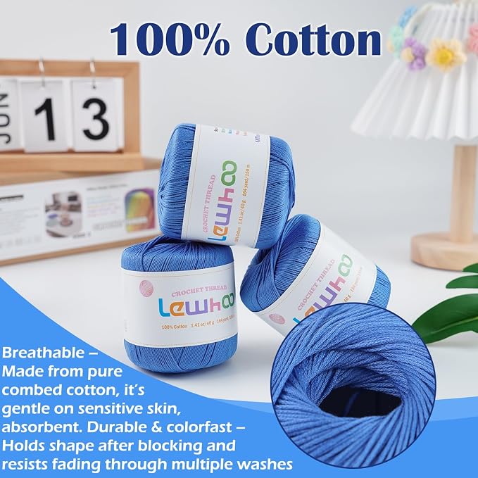 Crochet Thread, 3 Pack Size 3 Cotton Crochet Yarn Ball Set Blue