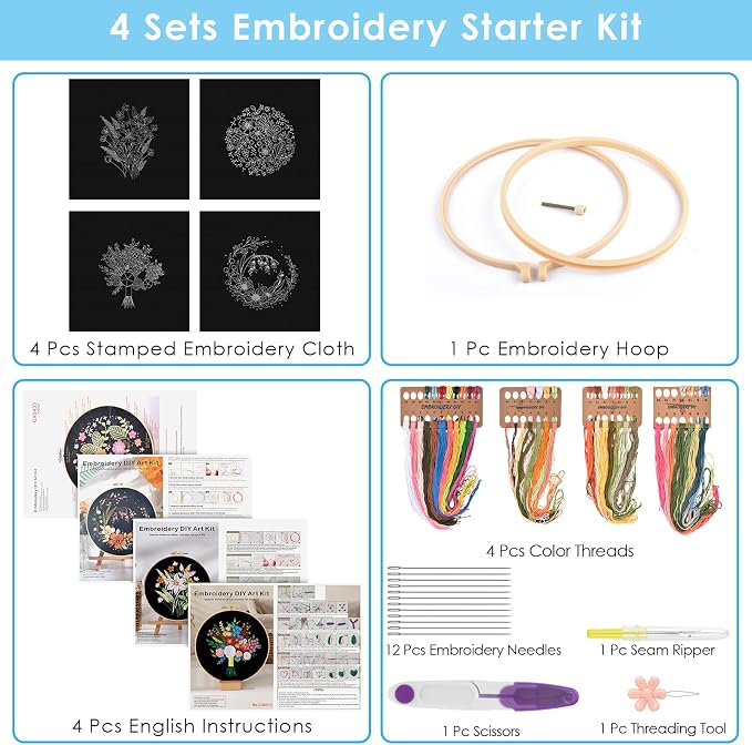 ERKOON 4 Sets Embroidery Kit, Floral Cross Stitch Set for Include Embroidery Cloth Hoops Threads for Craft Lover Hand Stitch(Floral)