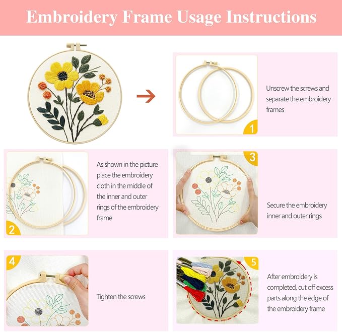 Zhenqing 4-Piece Floral Embroidery Kit for Beginners - Complete Set with Printed Cotton Fabric, Hoop, Threads & Tools (C0155)