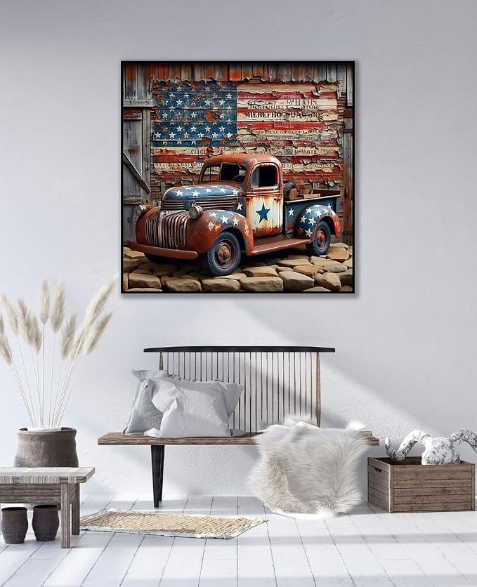 CHWGLFGG 5D Truck Diamond Art Kits for Adults Beginners 13.7x13.7inch | American Flag Diamond Painting Kit, DIY Full Round Drill Paint by Diamonds Dot Gem Art for Adult, Home Wall Decor