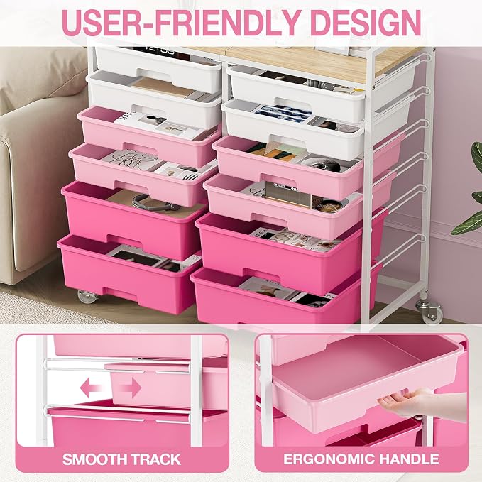 TOOLF 12 Drawers Rolling Storage Cart with Wooden Top for Classroom,Pink | Teacher Cart Craft Art Supply Organizer, Utility Cart with Lockable Wheels for Home Household Essentials, Office Organization