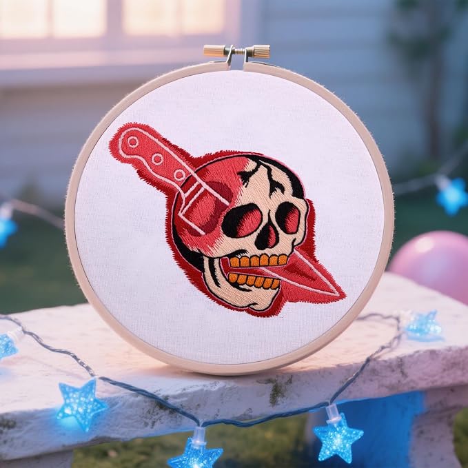 Halloween Punk Embroidery Kits for Beginners Adults, Blood Skull Embroidery Starter Kits, Halloween Cross Stitch Kits for Beginners Adults Hobbies for Women, Embroidery Fabric, Hoop and Video Tutorial