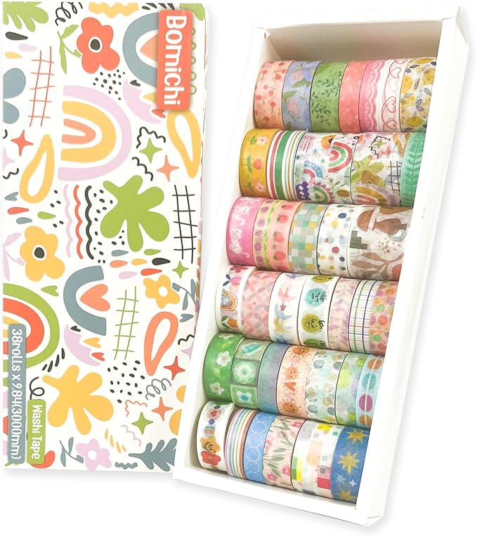 Bomichi 38 Rolls Washi Tape Aesthetic Colored Decorative