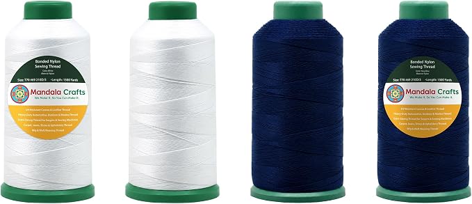 Mandala Crafts Size 69 210D T70 White Navy Blue Bonded Nylon Thread 6000YDs